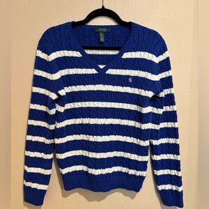 Bright Blue and White Striped Cable Knit V-neck Sweater, Ralph Lauren size L